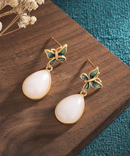 Lässige blaue antike Gold eingelegte Jade Schmetterling Wassertropfen Ohrringe