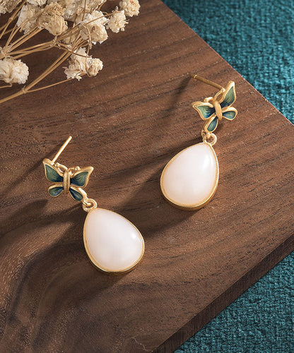 Lässige blaue antike Gold eingelegte Jade Schmetterling Wassertropfen Ohrringe