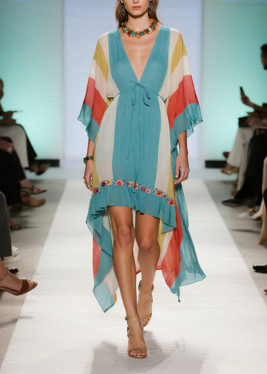 Casual Blue Asymmetrical Striped Cotton Dresses Summer