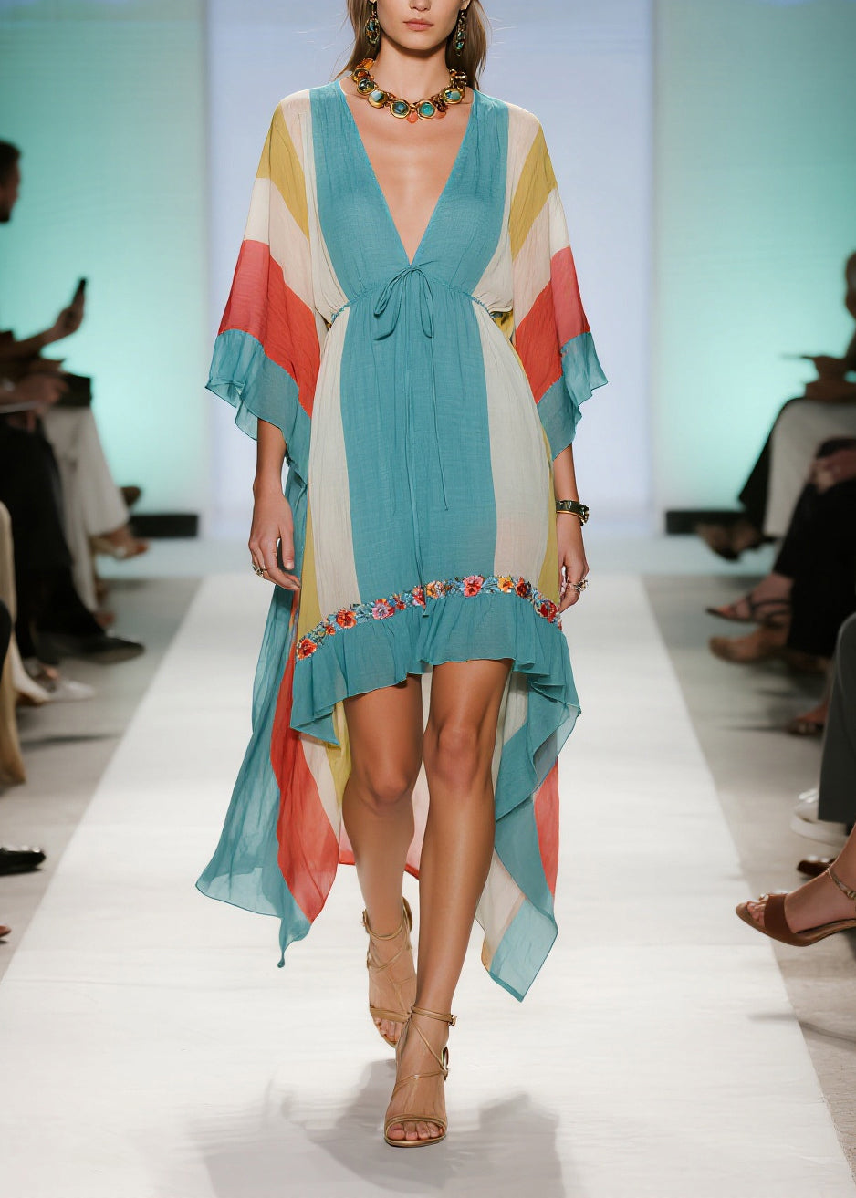 Casual Blue Asymmetrical Striped Cotton Dresses Summer