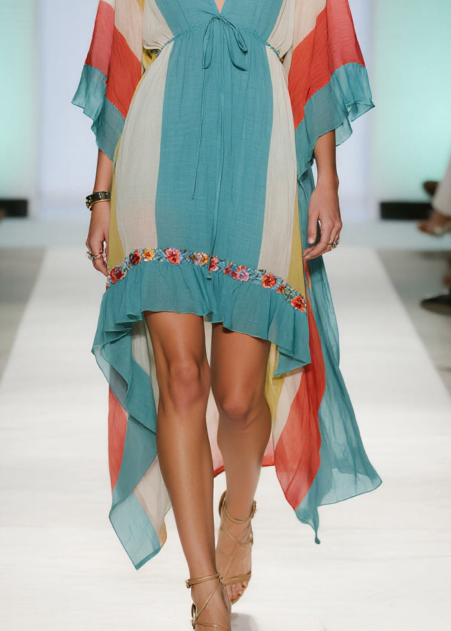 Casual Blue Asymmetrical Striped Cotton Dresses Summer