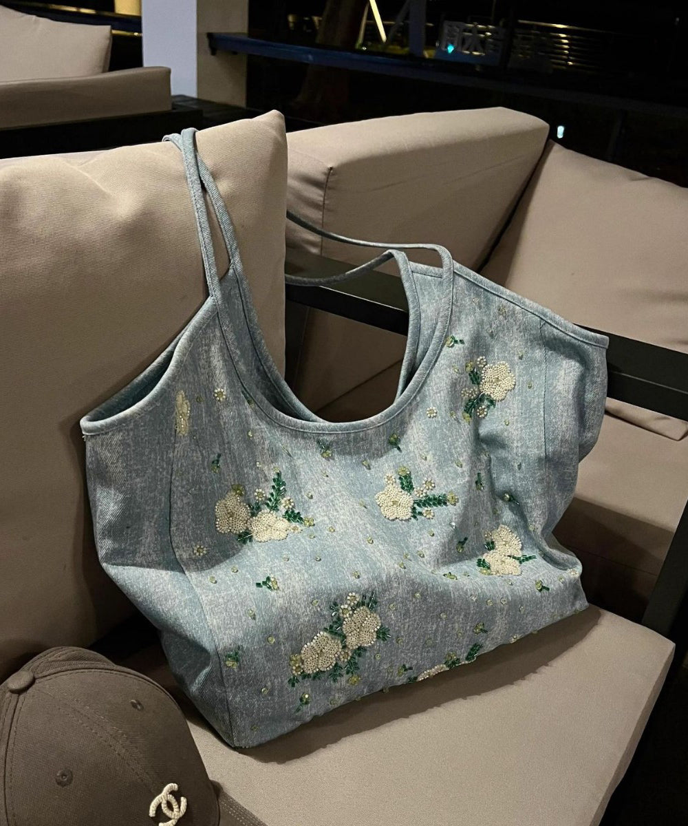 Bolso de hombro informal de mezclilla de gran capacidad con bordado azul