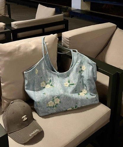 Bolso de hombro informal de mezclilla de gran capacidad con bordado azul