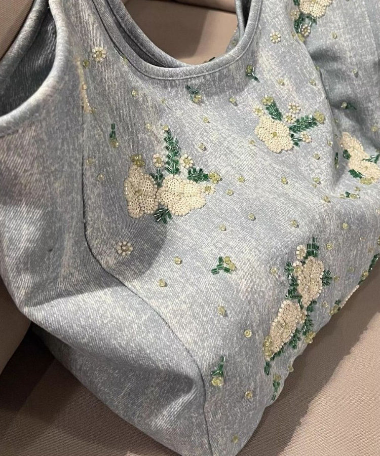 Bolso de hombro informal de mezclilla de gran capacidad con bordado azul