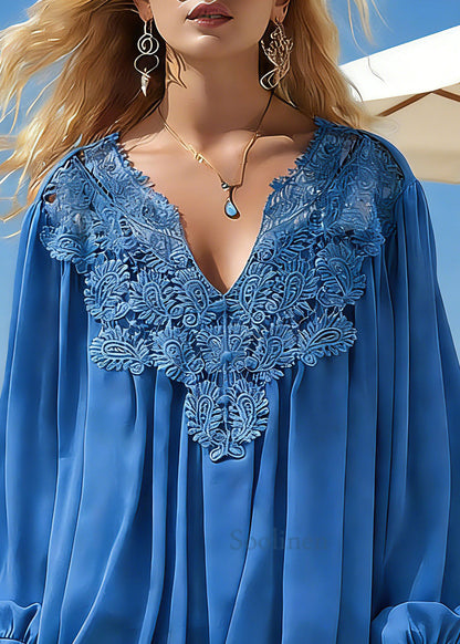 Casual Blue Hollow Out Patchwork Tulle Top Lantern Sleeve