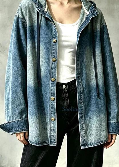 Casual Blue Hooded Oversized Denim Coat Fall