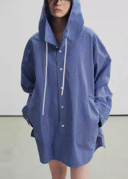 Gabardina informal de algodón a cuadros con capucha azul para primavera