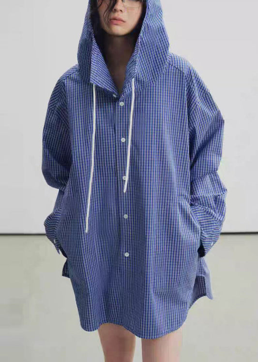 Gabardina informal de algodón a cuadros con capucha azul para primavera