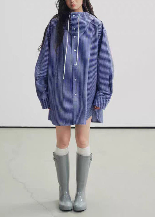 Gabardina informal de algodón a cuadros con capucha azul para primavera