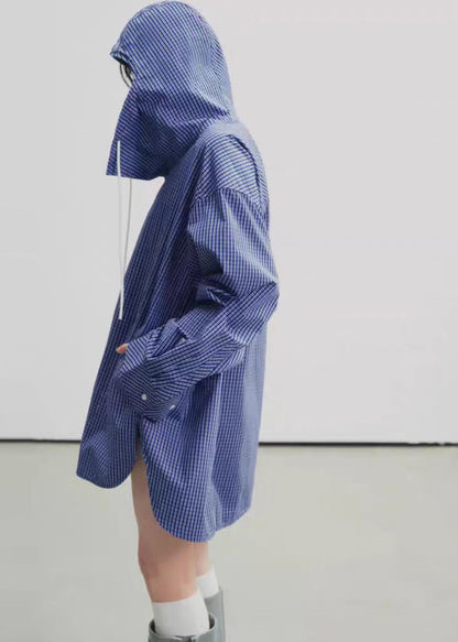 Gabardina informal de algodón a cuadros con capucha azul para primavera
