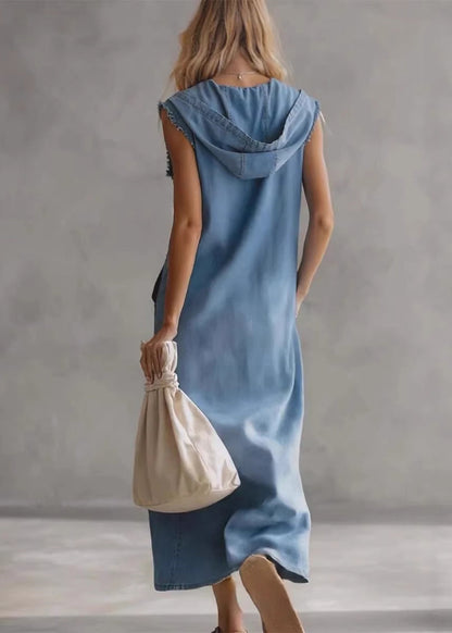 Casual Blue Hooded Pockets Patchwork Denim Dresses Sleeveless