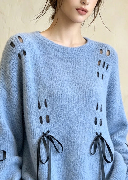 Casual Blue O Neck Bow Lace Up Knit Sweater Tops Fall
