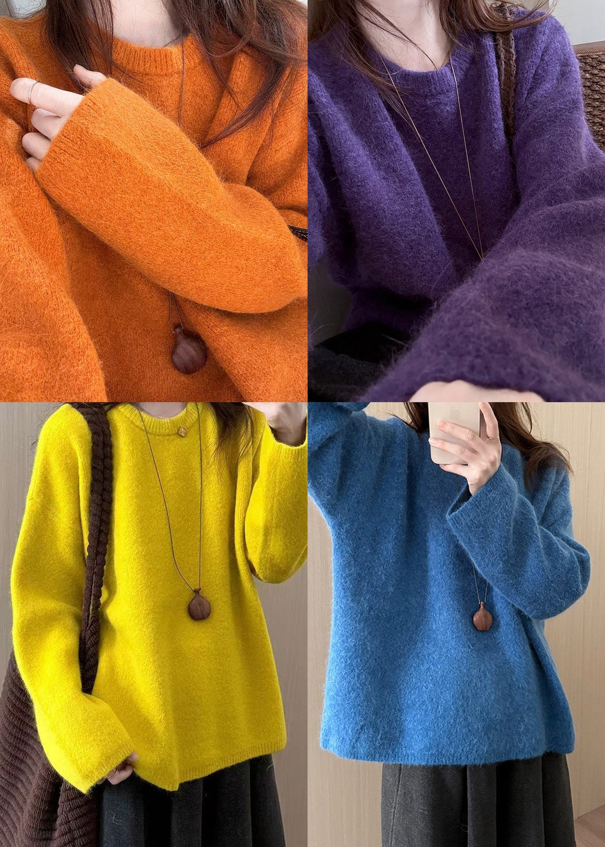Casual Blue O-Neck Oversized Knit Pullover Winter