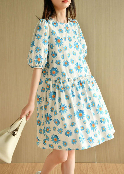Casual Blue O-Neck Print Summer Cotton Half Sleeve Dresses - SooLinen