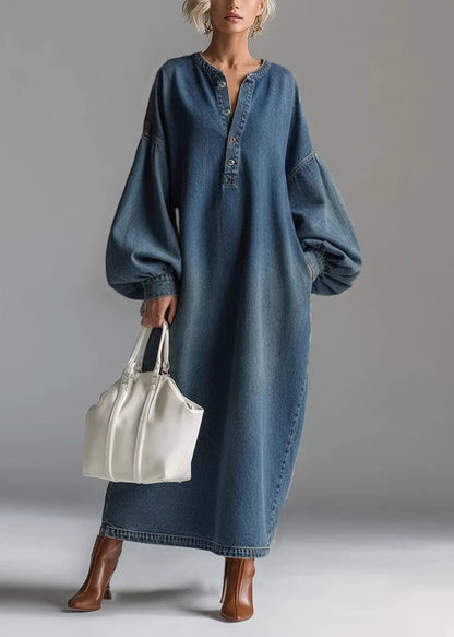 Casual Blue Oversized Denim Maxi Dresses Lantern Sleeve