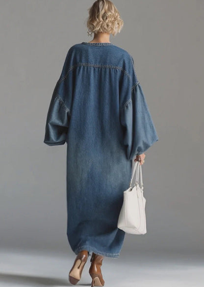 Casual Blue Oversized Denim Maxi Dresses Lantern Sleeve