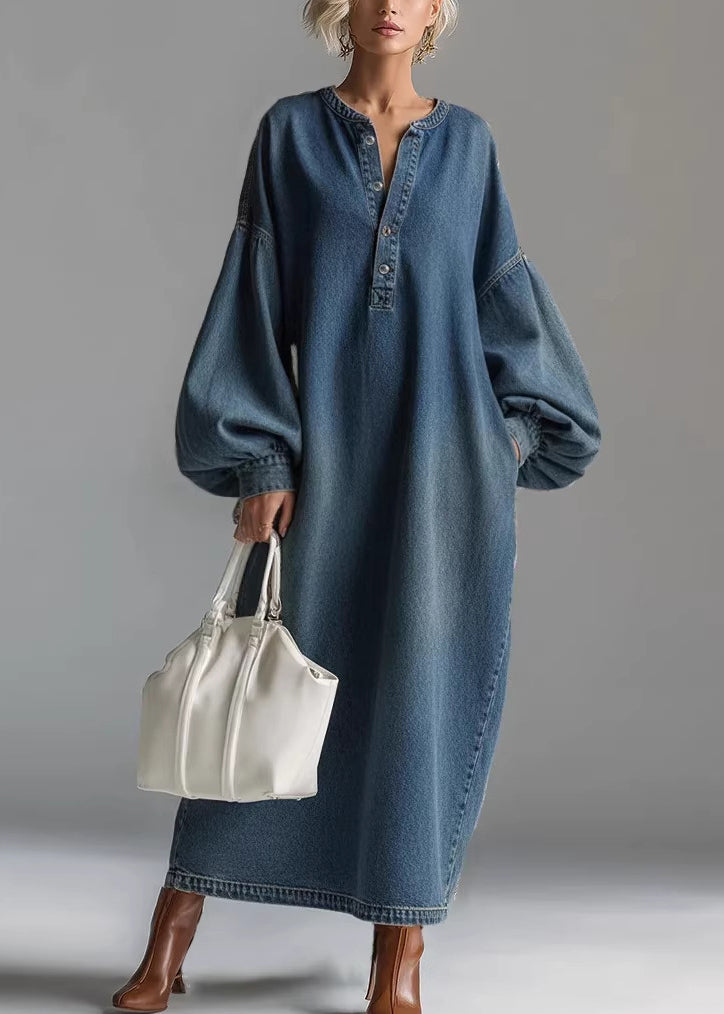 Casual Blue Oversized Denim Maxi Dresses Lantern Sleeve
