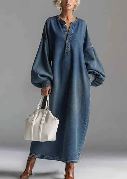 Casual Blue Oversized Denim Maxi Dresses Lantern Sleeve