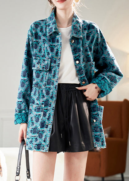 Casual Blue Peter Pan Collar Embroidered Button Shirt Fall