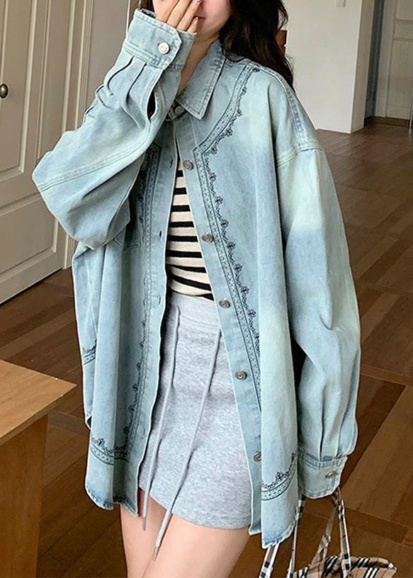 Camisa vaquera informal azul con cuello Peter Pan y botones de patchwork para otoño