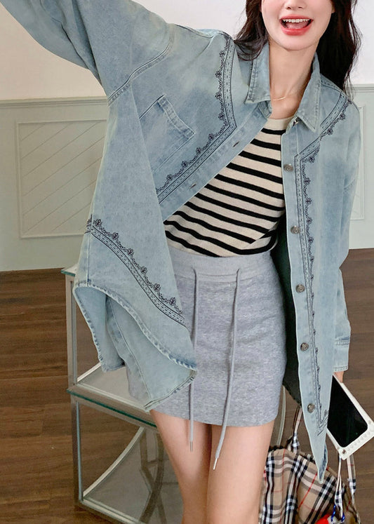 Casual Blue Peter Pan Collar Patchwork Button Denim Shirt Fall