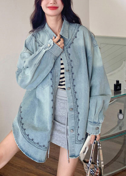 Camisa vaquera informal azul con cuello Peter Pan y botones de patchwork para otoño