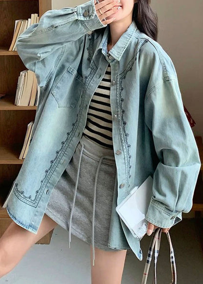 Camisa vaquera informal azul con cuello Peter Pan y botones de patchwork para otoño