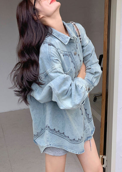 Camisa vaquera informal azul con cuello Peter Pan y botones de patchwork para otoño