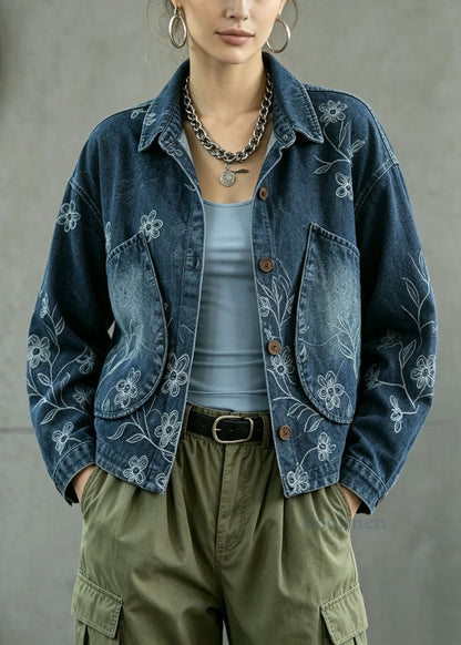 Casual Blue Peter Pan Collar Pockets Print Denim Coat Fall