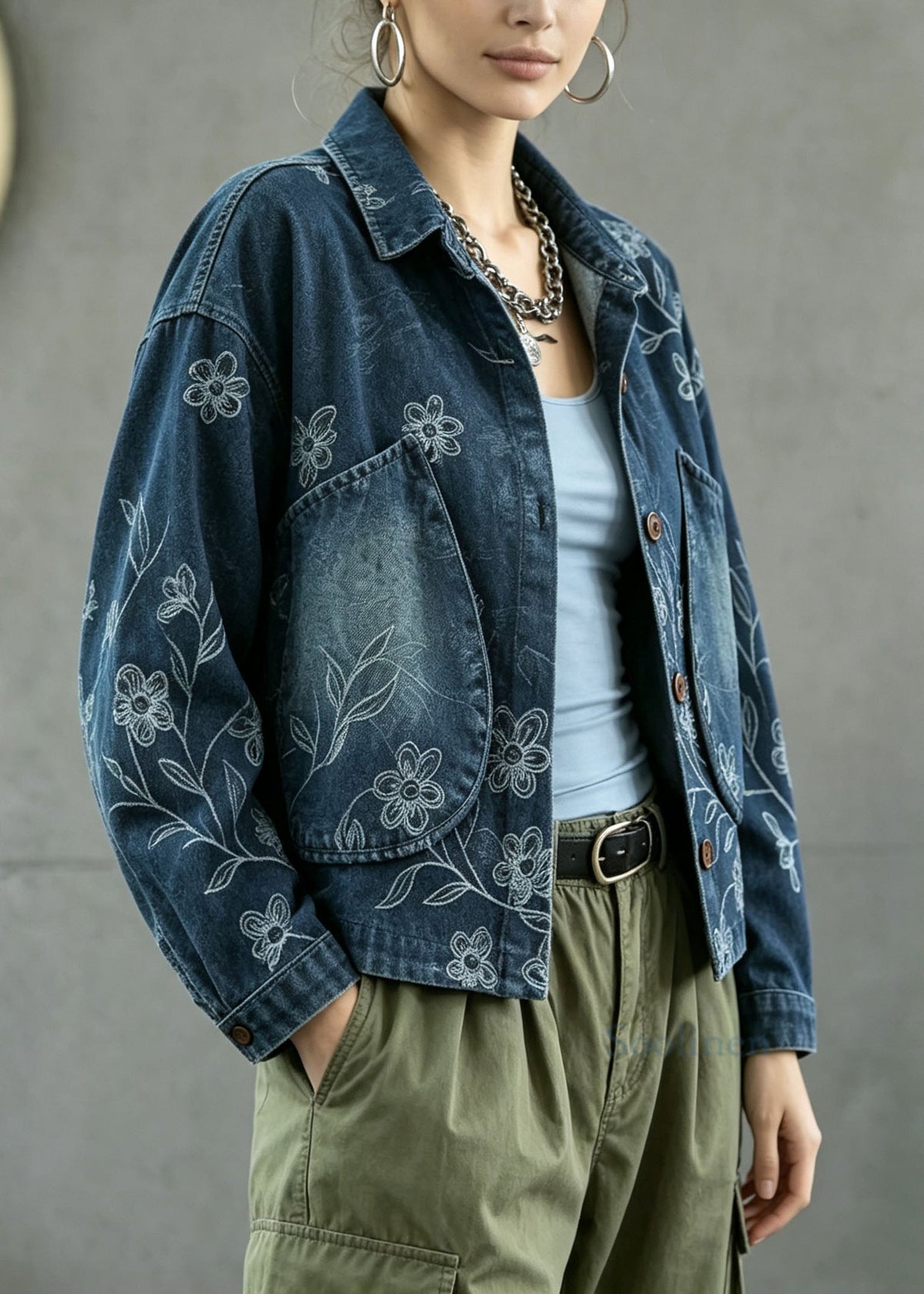 Casual Blue Peter Pan Collar Pockets Print Denim Coat Fall