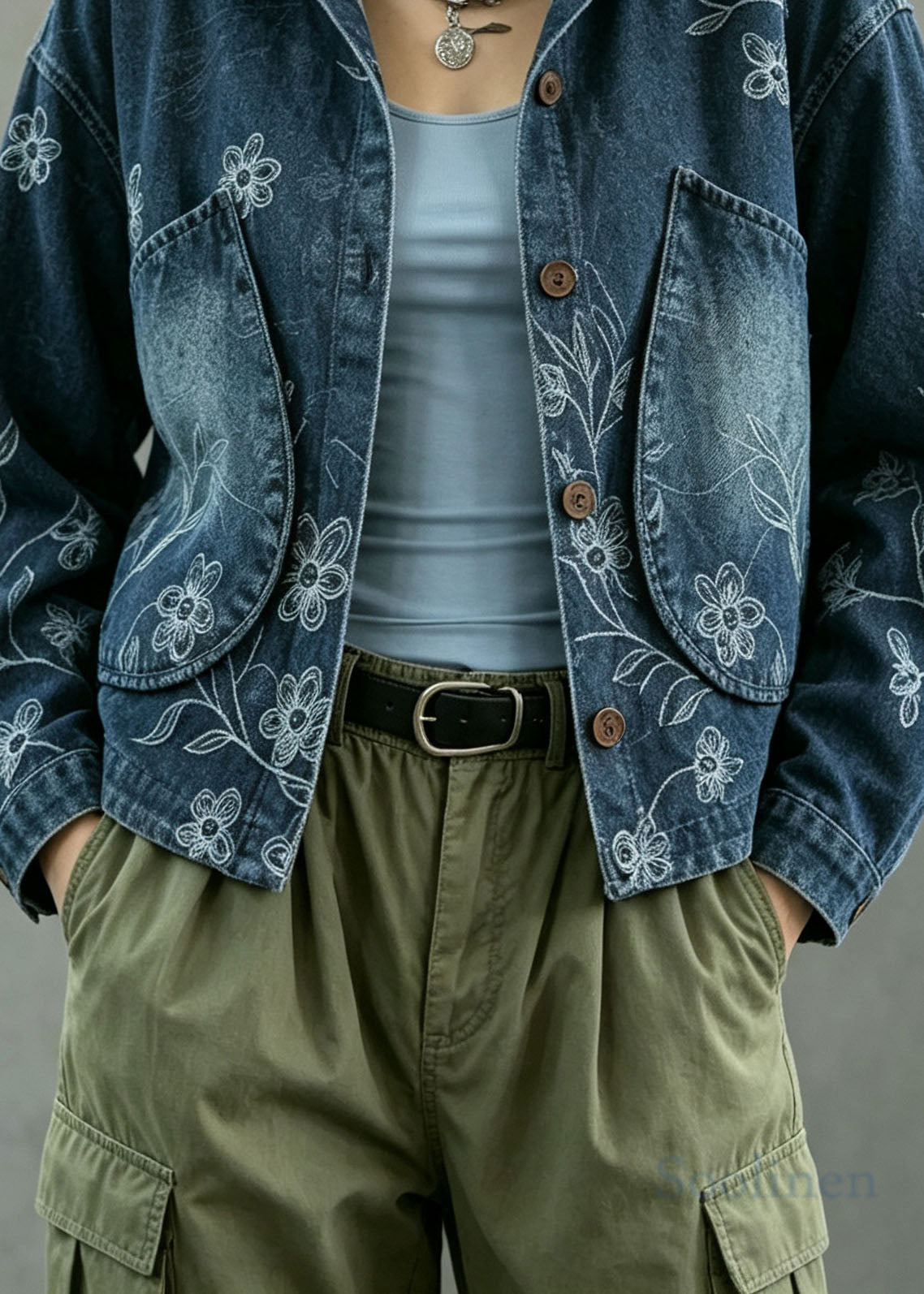 Casual Blue Peter Pan Collar Pockets Print Denim Coat Fall