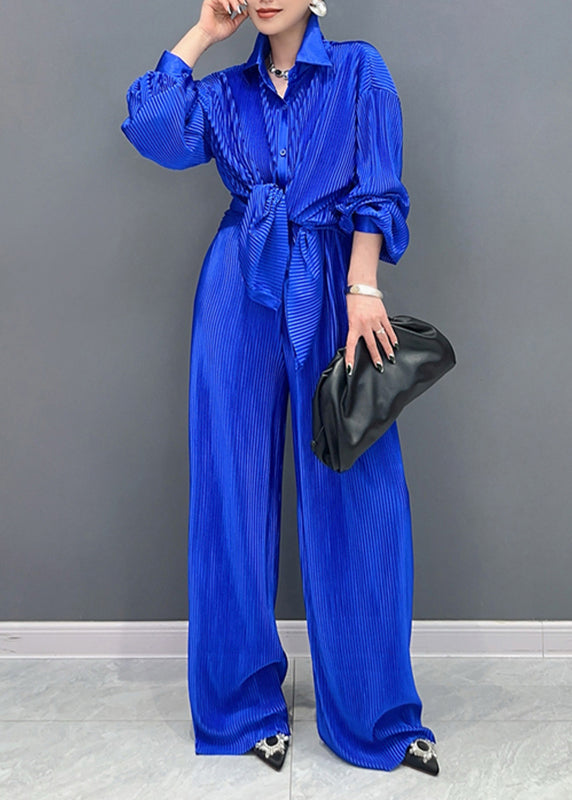 Casual Blue Peter Pan Collar Shirts And Wide Leg Pants Two Piece Set Lantern Sleeve