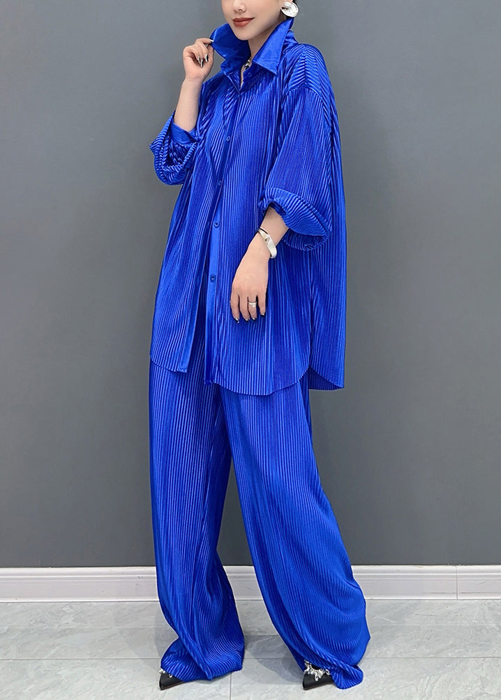 Casual Blue Peter Pan Collar Shirts And Wide Leg Pants Two Piece Set Lantern Sleeve