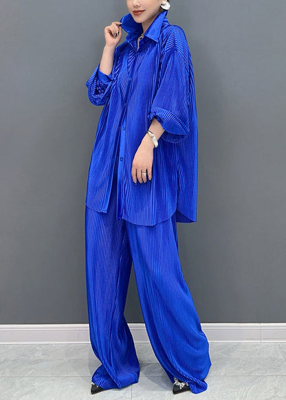 Casual Blue Peter Pan Collar Shirts And Wide Leg Pants Two Piece Set Lantern Sleeve