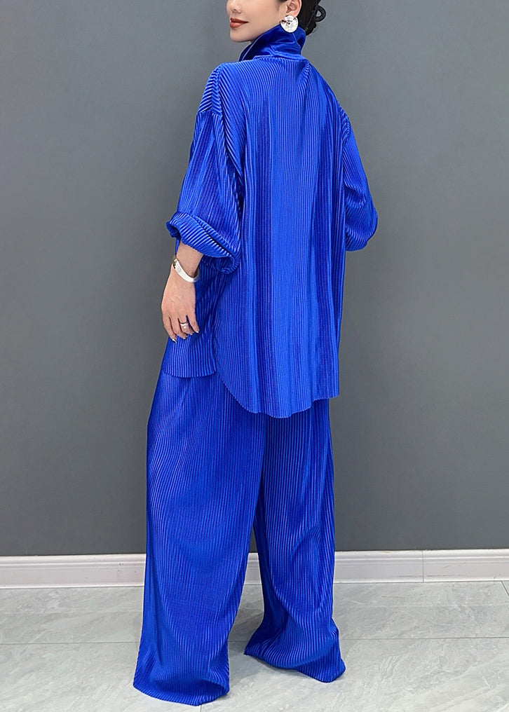 Casual Blue Peter Pan Collar Shirts And Wide Leg Pants Two Piece Set Lantern Sleeve