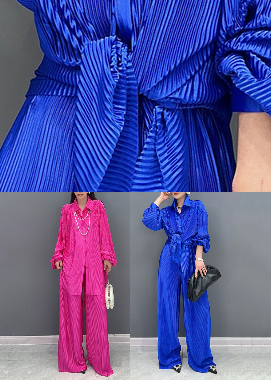 Casual Blue Peter Pan Collar Shirts And Wide Leg Pants Two Piece Set Lantern Sleeve