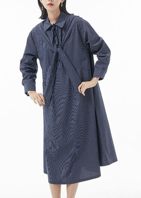 Casual Blau Peter Pan Kragen Gestreiften Patchwork hemd Kleider Frühling