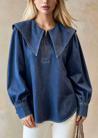 Casual Blue Peter Pan Collar Zip Up Denim Top Fall