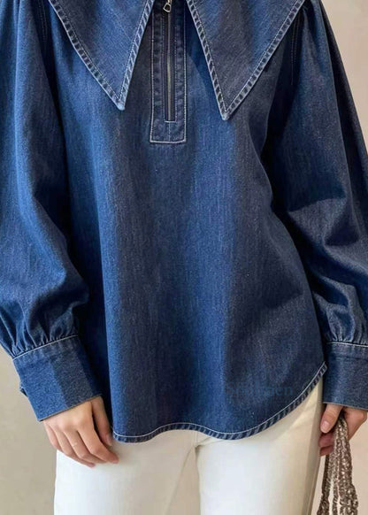 Casual Blue Peter Pan Collar Zip Up Denim Top Fall