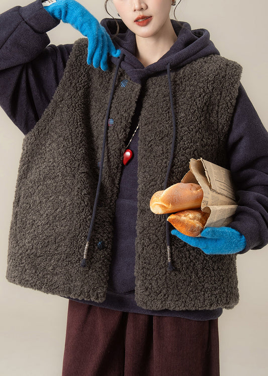 Chaleco informal de piel sintética con bolsillos y cuello redondo a cuadros azules para invierno