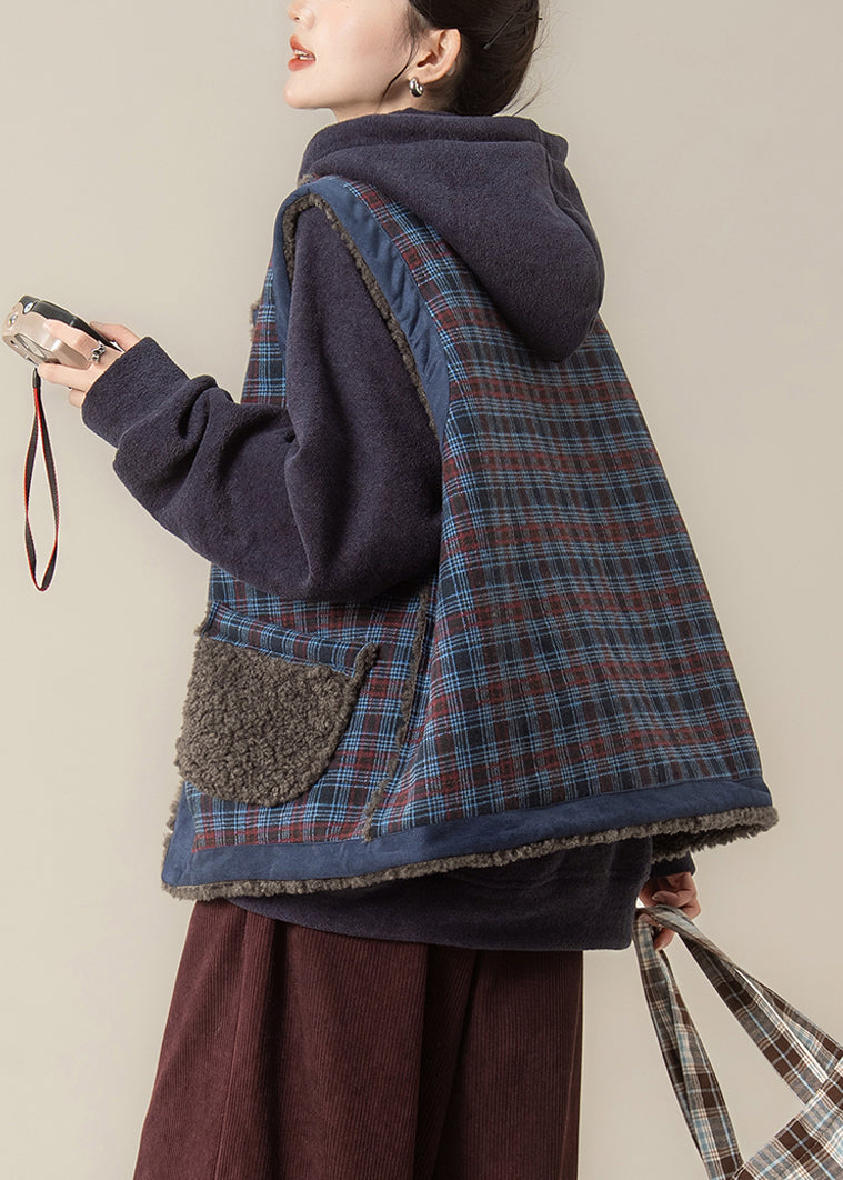 Chaleco informal de piel sintética con bolsillos y cuello redondo a cuadros azules para invierno