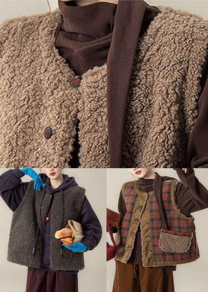 Chaleco informal de piel sintética con bolsillos y cuello redondo a cuadros azules para invierno