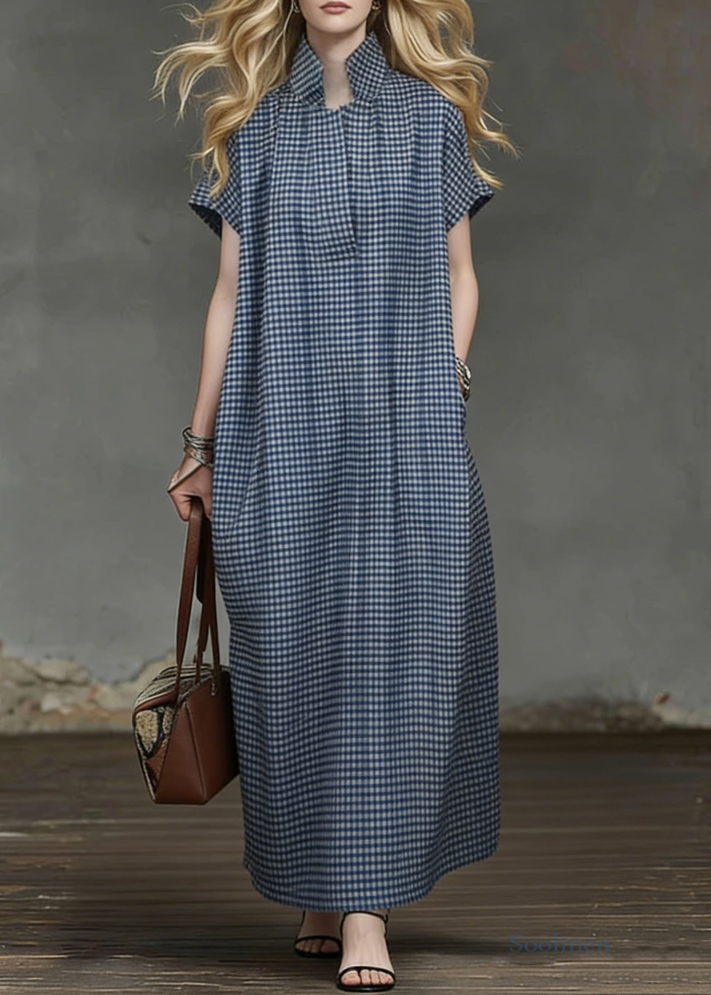 Casual Blue Plaid Pockets Cotton Maxi Dresses Summer