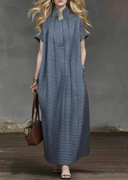 Casual Blue Plaid Pockets Cotton Maxi Dresses Summer