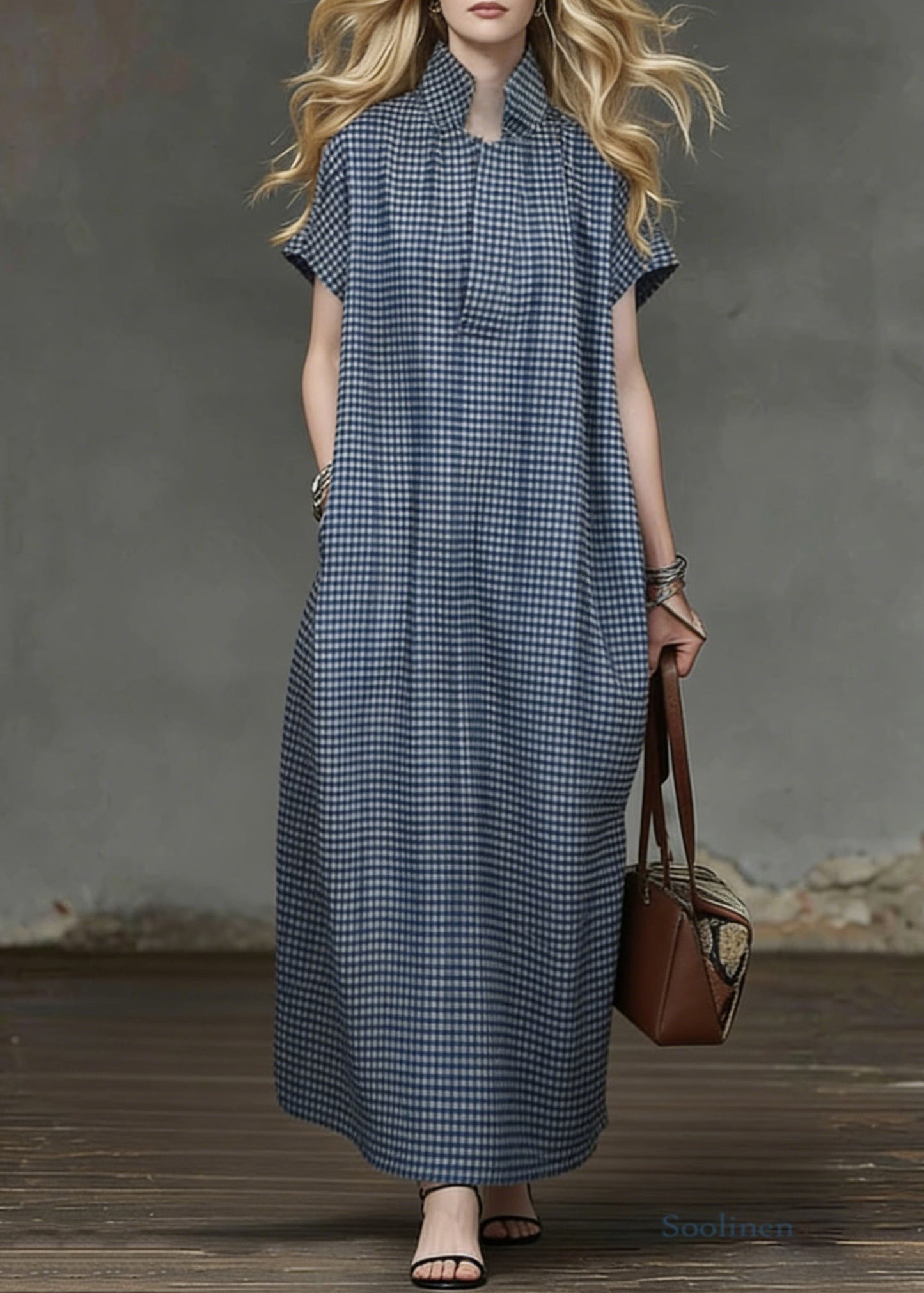 Casual Blue Plaid Pockets Cotton Maxi Dresses Summer