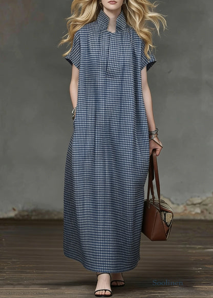Casual Blue Plaid Pockets Cotton Maxi Dresses Summer