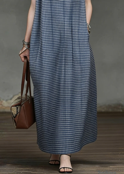 Casual Blue Plaid Pockets Cotton Maxi Dresses Summer