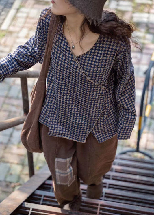 Casual Blue Plaid V Neck Button drawstring Fall Shirt Tops