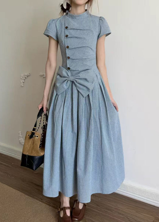 Casual Blue Plaid Wrinkled Bow Cotton Maxi Dresses Short Sleeve