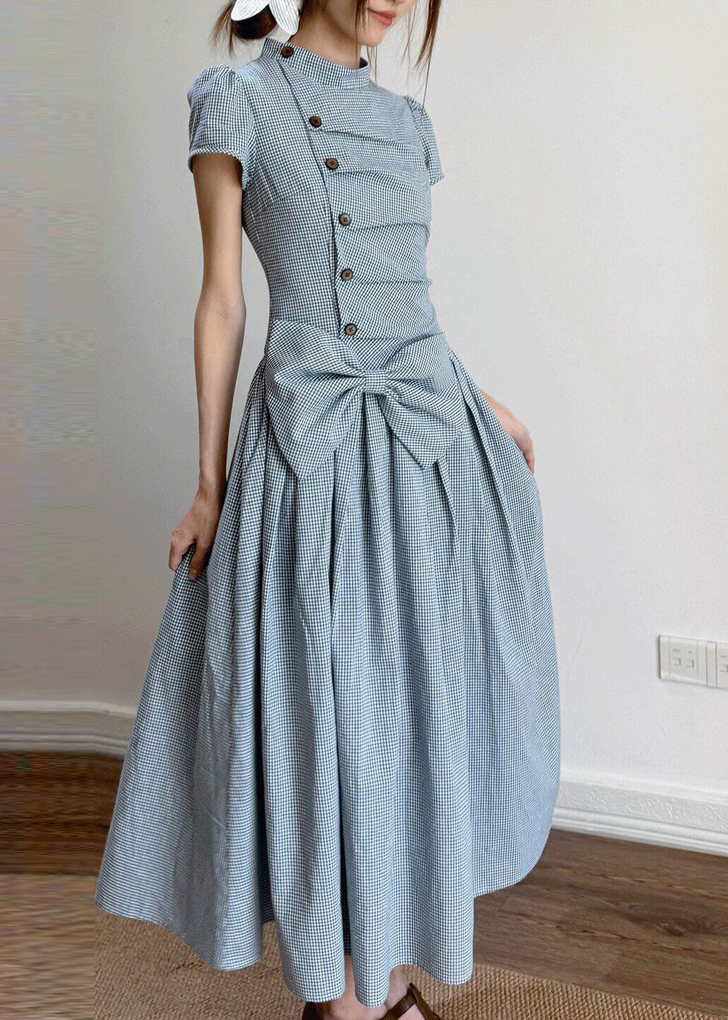 Casual Blue Plaid Wrinkled Bow Cotton Maxi Dresses Short Sleeve